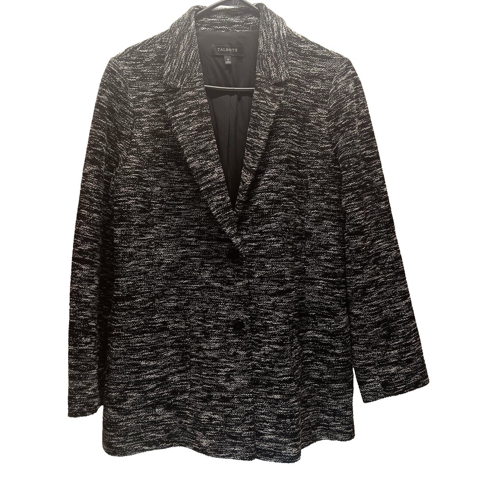 Talbots 2 Button Tweed‎ Blazer Jacket Women's 12 Black Marble Fully Lined EUC